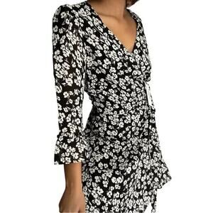 Reformation Zoe Wrap Dress Size Large Black White Floral Print V-Neck Ruffle
